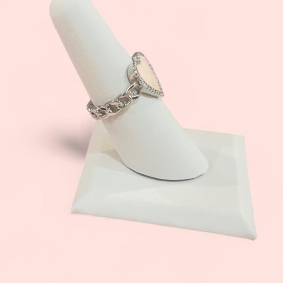 18K White Gold Plated Crystal Pink Heart Signet Ring - Size 7 - Picture 3 of 5